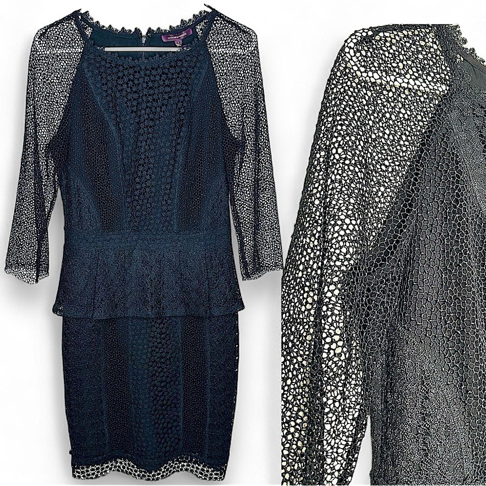 NWT Marchesa Voyage Black Lace Pleated Peplum Dress Size 8
